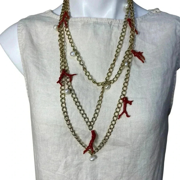 Coral branch reef pearl linked necklace triple  strand toggle clasp 15” - Picture 1 of 3